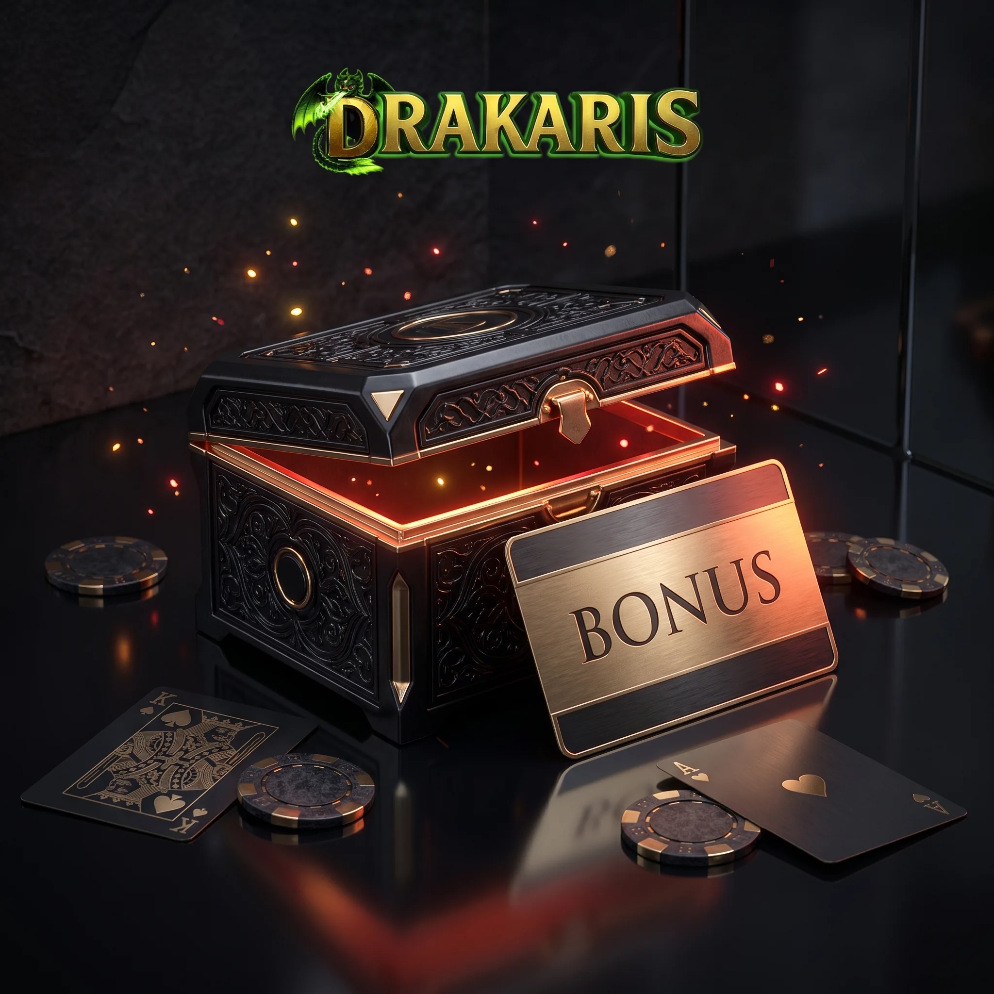 Drakaris Casino logo above an open bonus chest