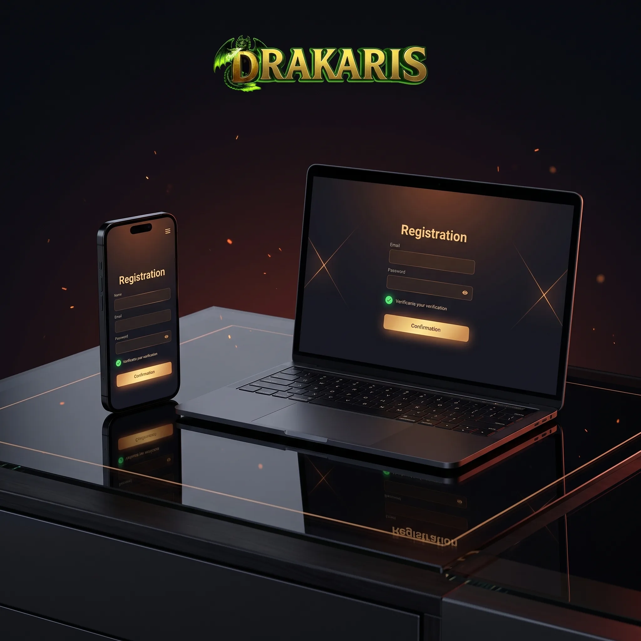 Drakaris Casino registration screens on a phone and laptop